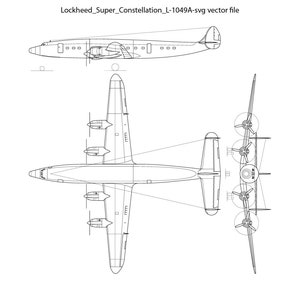Puede incluir: Un dibujo en blanco y negro de un avión Lockheed Super Constellation L-1049A. El dibujo muestra el avión de lado y desde arriba.