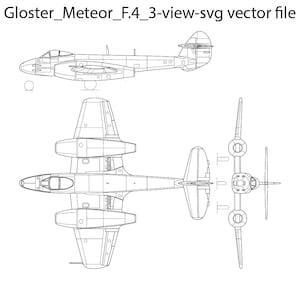 May include: A black and white line drawing of a Gloster Meteor F.4 jet aircraft in three views: top, front, and side. The drawing shows the aircraft's distinctive swept wings, tail, and engine nacelles.