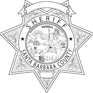 May include: Black and white illustration of a sheriff's badge with a five-pointed star shape. The badge features the words "SHERIFF" and "SANTA BARBARA COUNTY" around a central image of a woman holding a spear, a bear, and a ship.