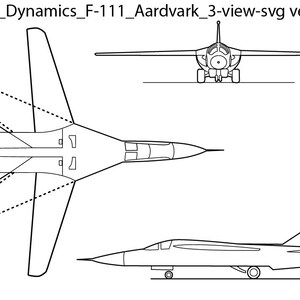 Può includere: Un disegno in bianco e nero a linee dell'aereo General Dynamics F-111 Aardvark. Il disegno mostra l'aereo da tre angolazioni diverse: dall'alto, frontale e laterale.