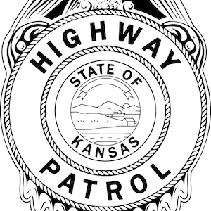 May include: Black and white illustration of a badge with the words "HIGHWAY PATROL" and "STATE OF KANSAS" inside a circle. The badge features an eagle with wings spread above the circle.