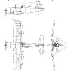 May include: A black and white line drawing of a Vought F4U-1 Corsair aircraft in three views: top, side, and front. The drawing shows the aircraft's distinctive gull wings, large propeller, and detailed cockpit.