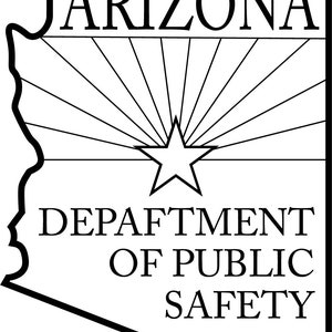 May include: Black and white illustration of the state of Arizona with a star and sun rays. The text "Arizona Department of Public Safety" is below the image.