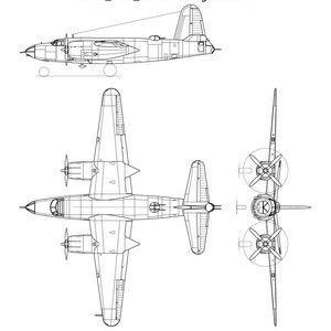 May include: A black and white line drawing of a Martin B-26 Marauder aircraft. The aircraft is shown in three views: top, side, and front. The drawing is detailed and includes the aircraft's wings, fuselage, tail, and engines.