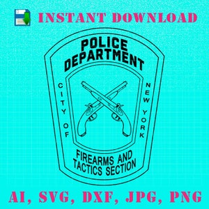 May include: Black and white vector graphic of a police department badge. The badge features two crossed pistols, the text "Police Department", "City of New York", and "Firearms and Tactics Section".