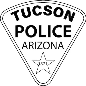 May include: Black and white badge with the text "TUCSON POLICE ARIZONA" and a five-pointed star with the year "1871" inside.