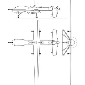 May include: Black and white vector illustration of a Predator MQ-1B drone. The image shows the drone from multiple angles, including a side view, top view, and a view of the tail. The text "Predator_MQ-1B-svg vector file" is at the top.
