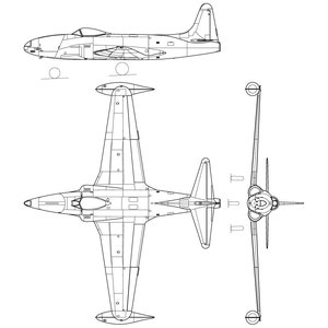 May include: A line drawing of a Lockheed F-80C Shooting Star jet aircraft in three views: side, top, and front. The drawing shows the aircraft's distinctive swept wings, single-engine design, and tail.