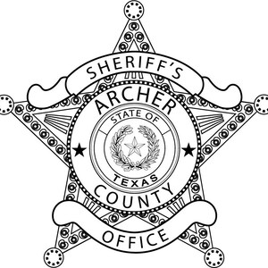 May include: Black and white illustration of a sheriff's badge with a five-pointed star. The badge has the text "Sheriff's Archer County Office" and "State of Texas" inside the star.