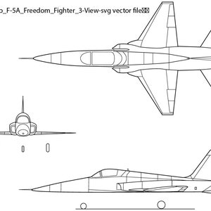May include: A black and white line drawing of a Northrop F-5A Freedom Fighter jet in three views: top, front, and side. The drawing shows the aircraft's basic shape and features, including the wings, tail, and engine.