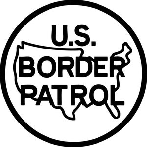 May include: Black and white logo of the U.S. Border Patrol. The logo features a stylized outline of the United States with the words "U.S. BORDER PATROL" in bold letters.