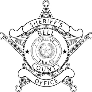 May include: Black and white illustration of a sheriff's badge with a five-pointed star and the text "Sheriff's Bell County Office" and "State of Texas".
