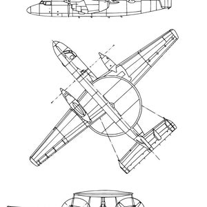 Puede incluir: Un dibujo de línea de un avión Grumman E-2C Hawkeye en tres vistas: lateral, superior y frontal. El avión es un avión turbohélice bimotor con una cúpula de radar distintiva en la parte superior.