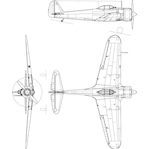 Peut inclure: Un dessin au trait noir et blanc d'un avion Nakajima Kate, un bombardier embarqué japonais de la Seconde Guerre mondiale. Le dessin montre l'avion sous trois angles différents : dessus, côté et face.