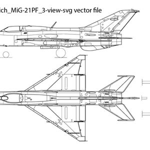 Op de afbeelding: Een zwart-witte lijntekening van een Mikoyan-Gurevich MiG-21PF straaljager in drie aanzichten: zijkant, bovenkant en voorkant. De tekening toont de kenmerkende geveegde vleugels van het vliegtuig, de eenpersoonscockpit en de dubbele staartvinnen.