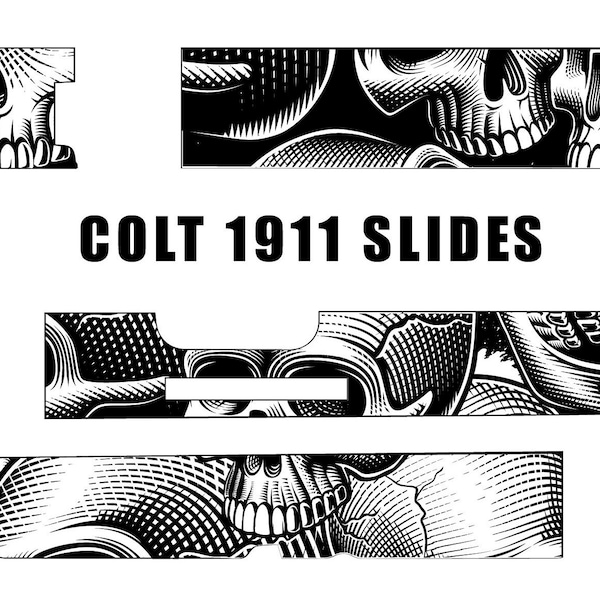 Colt 1911 pistool dia's en bovenste deel SVG vintage schedels patronen gravure sjabloon voor lasergravure, CNC-router, digitaal snijbestand