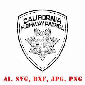 May include: Black and white vector graphic of the California Highway Patrol logo. The logo features a shield with the words "California Highway Patrol" and a star with the state seal of California.