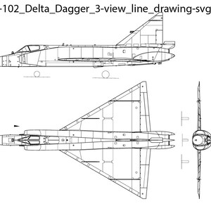 May include: A line drawing of a Convair F-102 Delta Dagger aircraft in three views: side, top, and front. The drawing shows the aircraft's distinctive delta wing design and other details.