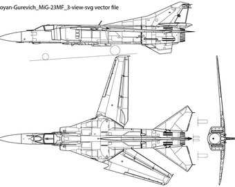 Mikoyan Gurevich MiG 23MF 3 view svg vector file, outlines, line art, laser, helicopter, jet, fighter, patch, Laser cut, engraving