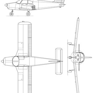 Puede incluir: Un dibujo en blanco y negro de un avión Piper Cherokee. El dibujo muestra el avión desde tres ángulos diferentes: lateral, superior y frontal.