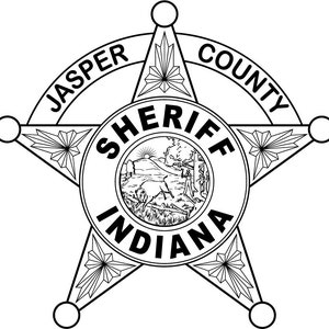 May include: Black and white illustration of a sheriff's badge with a five-pointed star. The star has the words "Jasper County" and "Sheriff Indiana" around the perimeter.