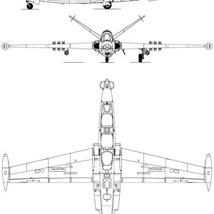 May include: A black and white line drawing of a jet aircraft. The aircraft is shown in three views: top, front, and side. The drawing shows the aircraft's basic shape and features, including the wings, tail, and engine.