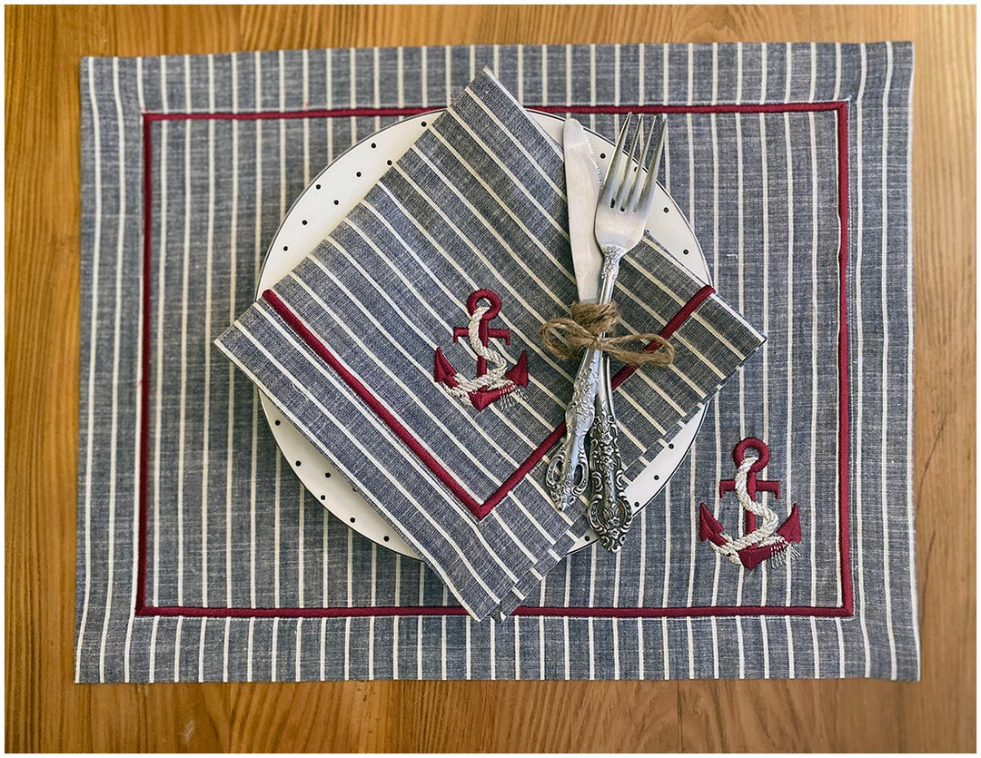 Embroidered Nautical Placemat,coastal Decor Cloth,blue and White Beach