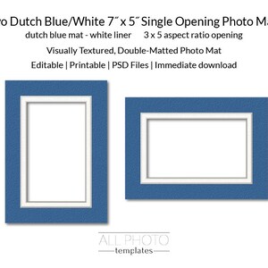 2 Dutch Blue Mat-White Liner 5&quot; x 7&quot; single opening Photo Mats, Visually Textured, Double-Matted, Photoshop download file, Frame Template,