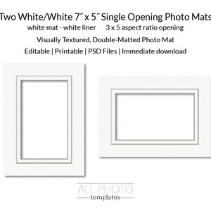 Two White Mat-White Liner 5&quot; x 7&quot; single opening Photo Mats, Visually Textured, Double-Matted, Photoshop download file, PSD Frame Template,