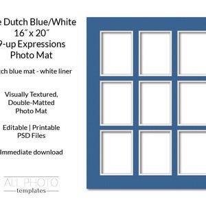 Dutch Blue Mat/White Liner 16&quot;x20&quot; 9-opening Expressions Collage Photo Mat, Visually Textured, Double-Matted, Photoshop file, PSD Template