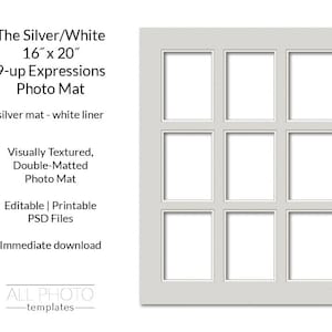 May include: A silver and white 9-up Expressions photo mat, 16 x 20 inches, with a visually textured, double-matted design. The mat has a silver mat and a white liner. The text on the image says "The Silver/White 16" x 20" 9-up Expressions Photo Mat".