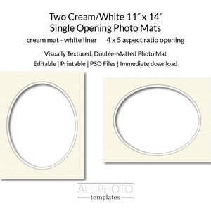 Two Cream Mat/White Liner 11&quot; x 14&quot; single oval opening Photo Mats, Visually Textured, Double-Matted, Photoshop file, PSD Template, Frame