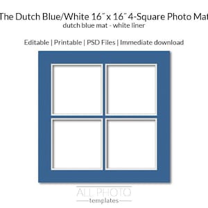 Dutch-Blue Mat/White Liner 16&quot;x16&quot; 4-opening Square Series Collage Photo Mat, Visually Textured, Double-Matted, Photoshop file, PSD Template