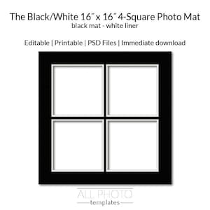 Black Mat/White Liner 16&quot;x16&quot; 4-opening Square Series Collage Photo Mat, Visually Textured, Double-Matted, Photoshop file, PSD Template