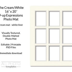 Cream Mat/White Liner 16&quot;x20&quot; 9-opening Expressions Collage Photo Mat, Visually Textured, Double-Matted, Photoshop file, PSD Template