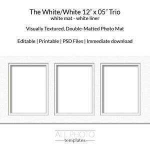 Puede incluir: Un paspartú blanco con tres aberturas y superficie texturizada. El paspartú se titula "The White/White 12" x 05" Trio" e incluye el texto "Visually Textured, Double-Matted Photo Mat".