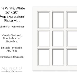 White Mat/White Liner 16&quot;x20&quot; 9-opening Expressions Collage Photo Mat, Visually Textured, Double-Matted, Photoshop file, PSD Template