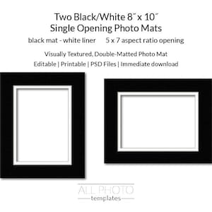 Two Black Mat-White Liner 8&quot; x 10&quot; single opening Photo Mats, Visually Textured, Double-Matted, Photoshop download file, PSD frame Template