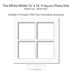 White Mat/White Liner 16&quot;x16&quot; 4-opening Square Series Collage Photo Mat, Visually Textured, Double-Matted, Photoshop file, PSD Template