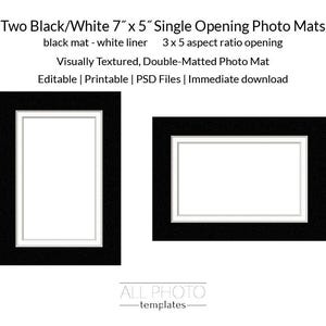 Two Black Mat-White Liner 5&quot; x 7&quot; single opening Photo Mats, Visually Textured, Double-Matted, Photoshop download file, PSD Frame Template,