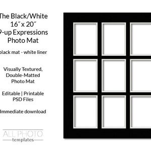 Black Mat/White Liner 16&quot;x20&quot; 9-opening Expressions Collage Photo Mat, Visually Textured, Double-Matted, Photoshop file, PSD Template