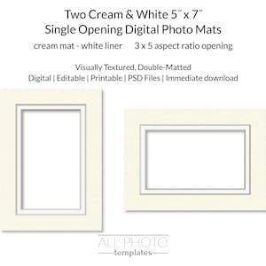 May include: Two cream and white 12.7 cm x 17.8 cm single opening digital photo mats with a 3 x 5 aspect ratio opening. The design features a visually textured, double-matted look with a cream mat and white liner. Includes editable, printable PSD files.