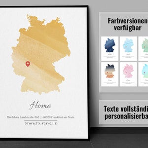 Personalized Map Germany - Home | Watercolor| Moving-in Gift | House | Apartment | Moving Gift | Coordinate | Location