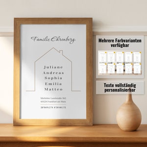 Personalized Family Poster | Moving-in Gift | Present for Families | Minimalistic House with Family Name, First Names, Address, Coordinates