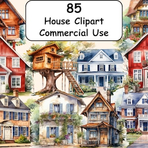 Watercolor House Clipart | Cozy, Spacious, Quaint, Modern House Illustrations | 85 Separate PNG Image | Instant Download for Commercial Use