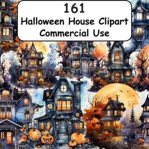 Halloween Houses Watercolor Clipart Bundle, 161 PNG Spooky House Images, Haunted Home Graphics, Instant Digital Download, Commercial Use