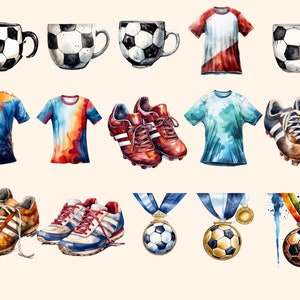 May include: Watercolor illustration of soccer-themed items, including a soccer ball, a soccer jersey, a soccer cleat, a soccer mug, and a medal. The items are painted in a variety of colors, including blue, red, yellow, and green.