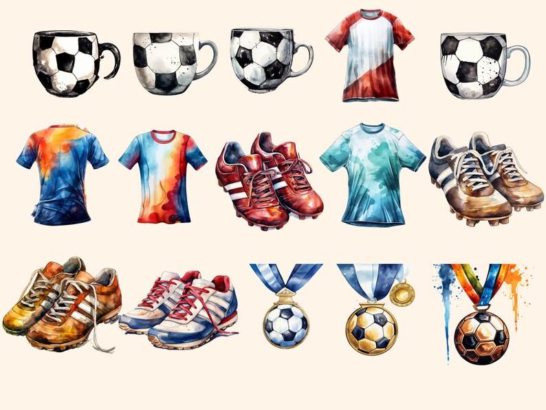 May include: Watercolor illustration of soccer-themed items, including a soccer ball, a soccer jersey, a soccer cleat, a soccer mug, and a medal. The items are painted in a variety of colors, including blue, red, yellow, and green.