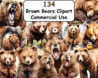 Paquete de imágenes prediseñadas de acuarela de osos pardos, 134 imágenes PNG Grizzly, gráficos de animales del bosque de vida silvestre, descarga digital instantánea, uso comercial