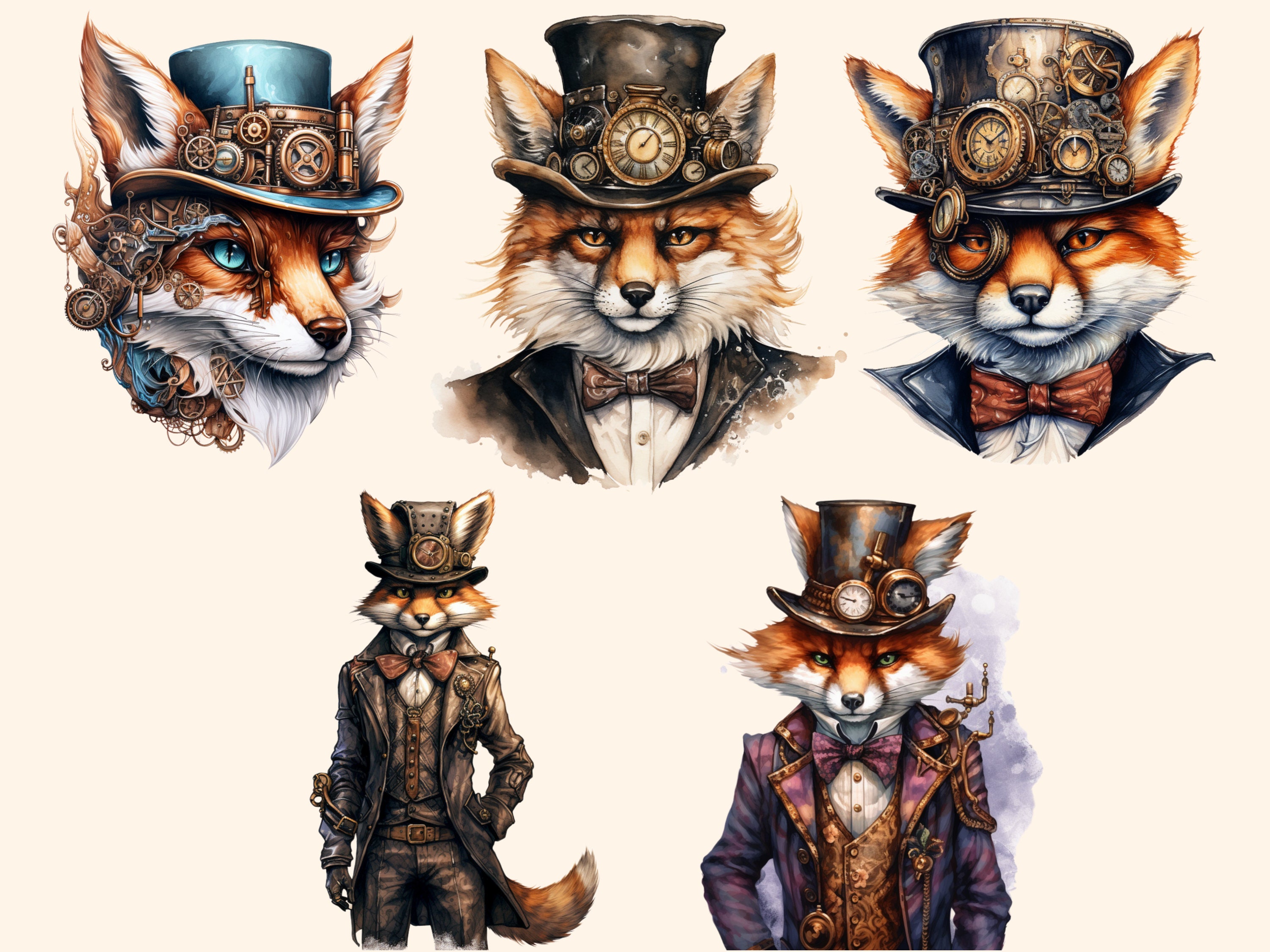 20 Steampunk Fox Watercolor Clipart Bundle PNG Mechanical Fox - Etsy